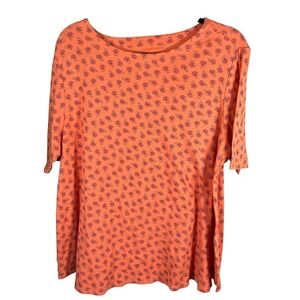 J Jill Pima‎ Slub Elbow Sleeve Tee XL Coral Floral Print Cotton Top Classic